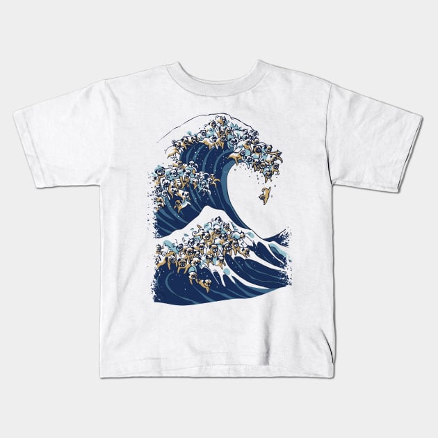 The Great Wave of Pug Kids T-Shirt by huebucket